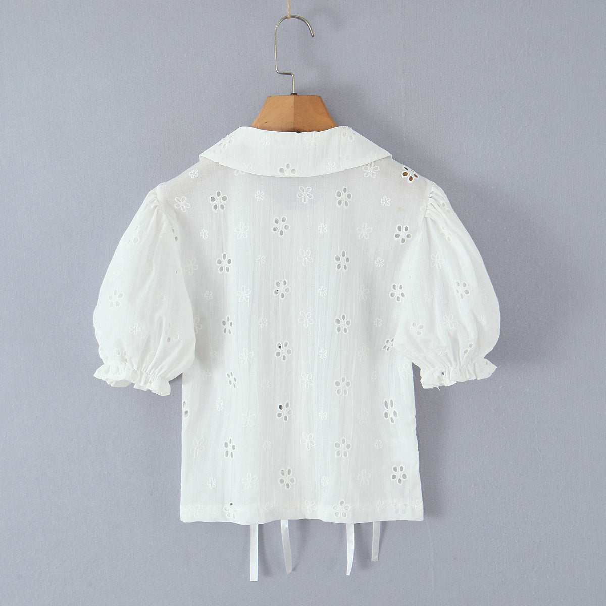 Doll Collar Embroidered Bubble Sleeve Top with Hollowed Out Design-Casual Fashion - The Artisan's Wardrobe