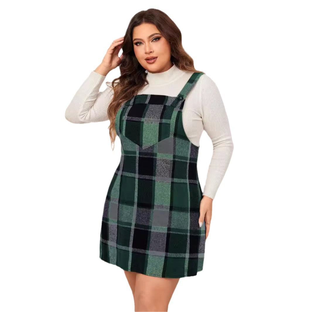 Oversized Fall Dresses Women V Neck Plaid Sleeveless Mini Pinafore Overall with Pockets for Casual and Bridesmaid Wear-Casual Fashion - The Artisan's Wardrobe
