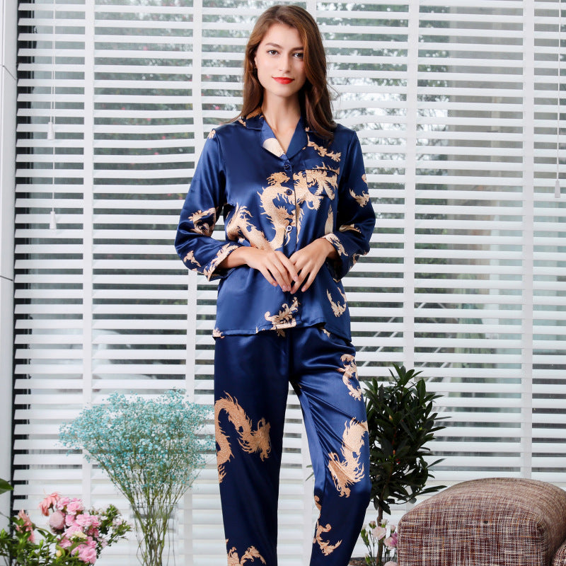 Silk Couple Sleepwear Long Sleeved Set with Dragon and Phoenix Print for Men and Women-Casual Fashion - The Artisan's Wardrobe