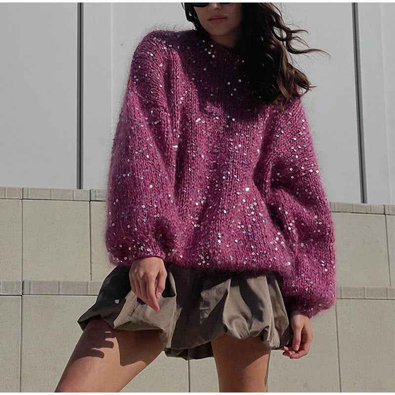 Fashionable sequined sweater, loose round neck lantern sleeve head, knitted sweater-Casual Fashion - The Artisan's Wardrobe