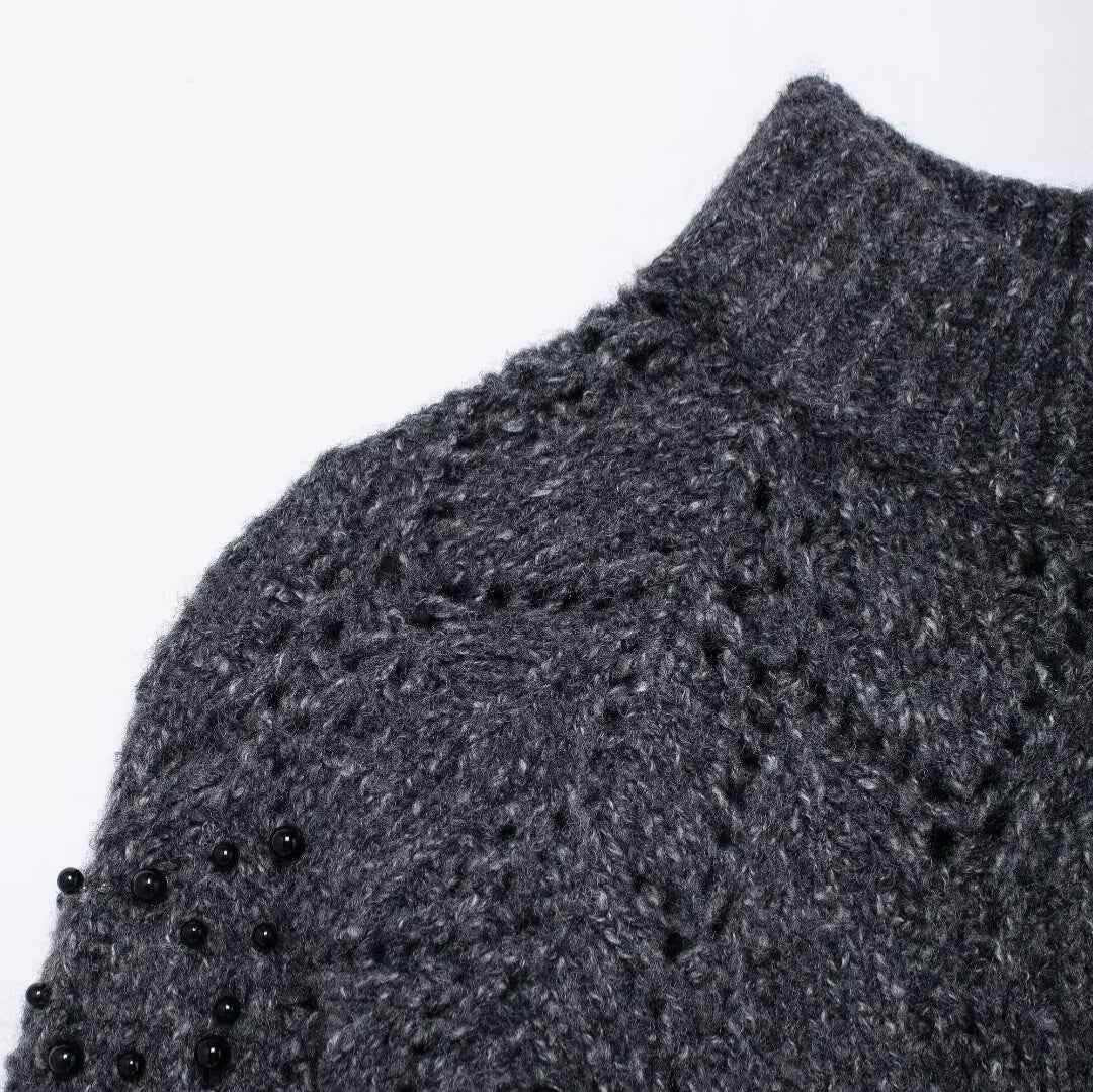 Women's Asymmetrical Knitted Sweater with Shoulder Opening and Hollow Bead Decoration-Casual Fashion - The Artisan's Wardrobe