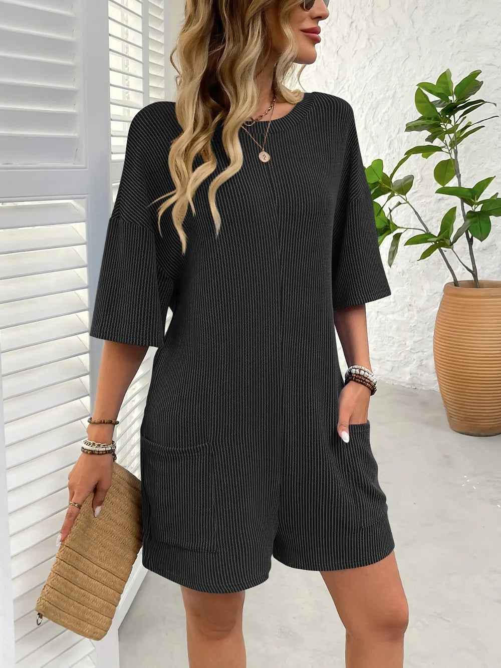 Backless Textured Romper with Round Neck and Half Sleeves for a Trendy Style-Casual Fashion - The Artisan's Wardrobe