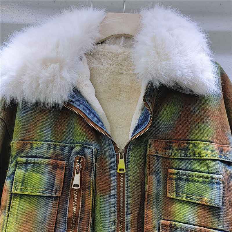 Hand Drawn Denim Jacket - Woolen Collar Fleece Short Denim Jacket for Women by Heavy Industry in American Style-Casual Fashion - The Artisan's Wardrobe