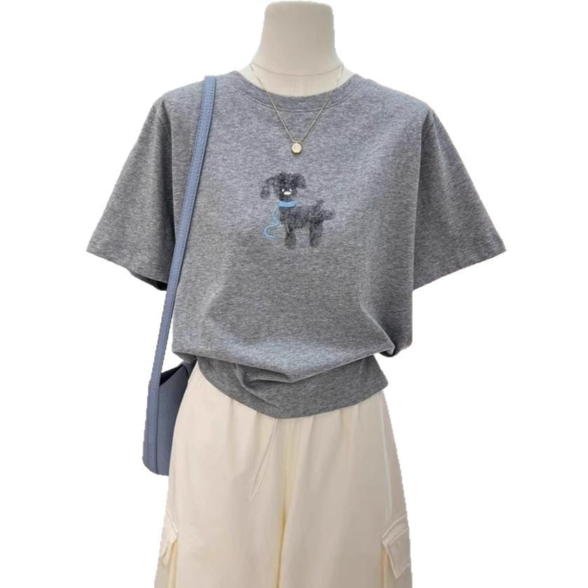 Style Dog Print Embroidery T-Shirt for Women - Pure Cotton Casual Slim Fit Top-Casual Fashion - The Artisan's Wardrobe