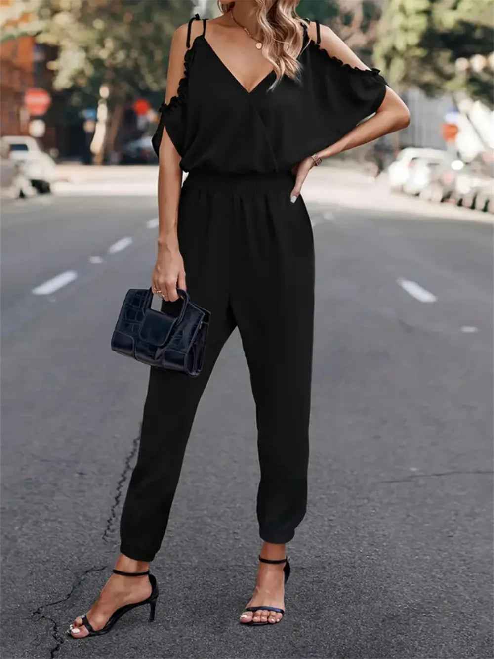 Surplice Spaghetti Strap Jumpsuit for Effortless Style and Comfort-Casual Fashion - The Artisan's Wardrobe
