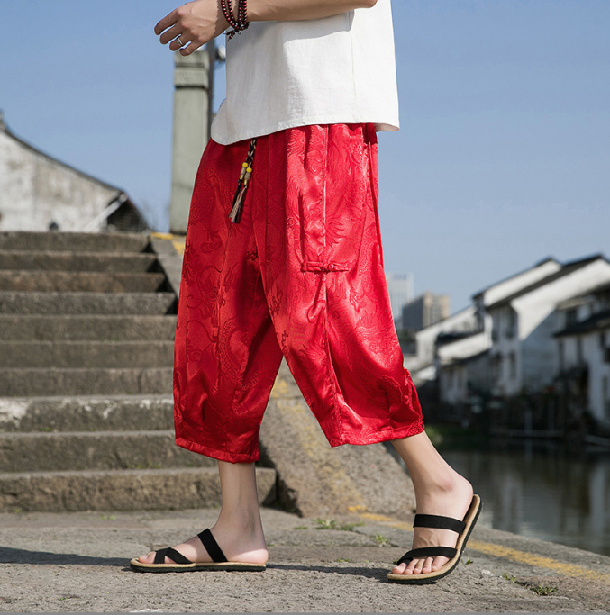 Summer Chinese Style Dragon Pattern Beach Pants for Men - Wide Leg Ice Silk Plate Button Design-Casual Fashion - The Artisan's Wardrobe