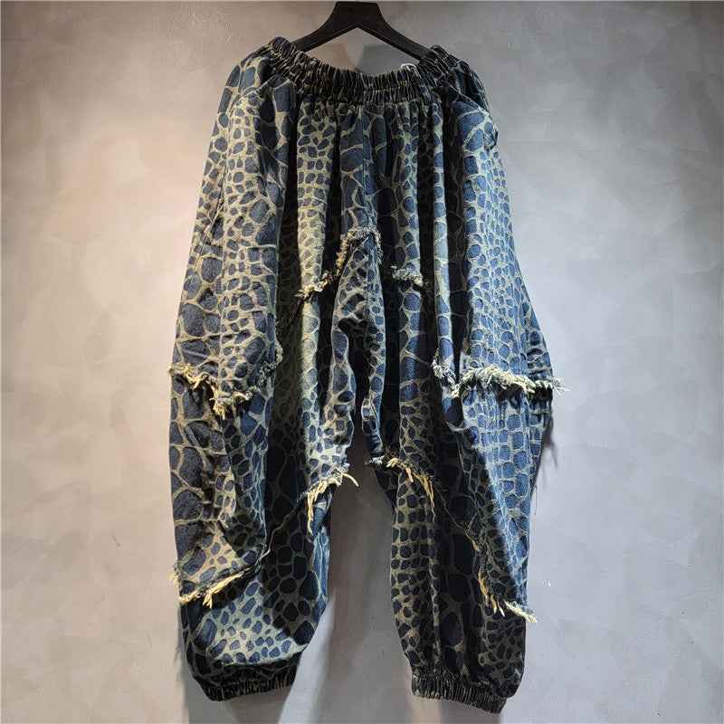 Leopard print jeans for women elastic waistband loose carrot harem and baggy pants-Casual Fashion - The Artisan's Wardrobe