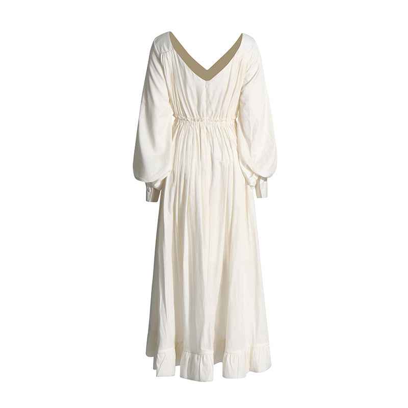 Fashionable V-neck Lantern Sleeve Dress with Elegant Pleated Lotus Leaf Edges for Women-Casual Fashion - The Artisan's Wardrobe