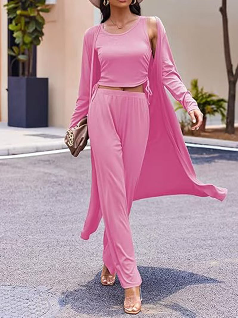 Women's 3-Piece Cardigan Set: Casual Long Knit Vest with Drawstring Pocket and Long Sleeves-Casual Fashion - The Artisan's Wardrobe