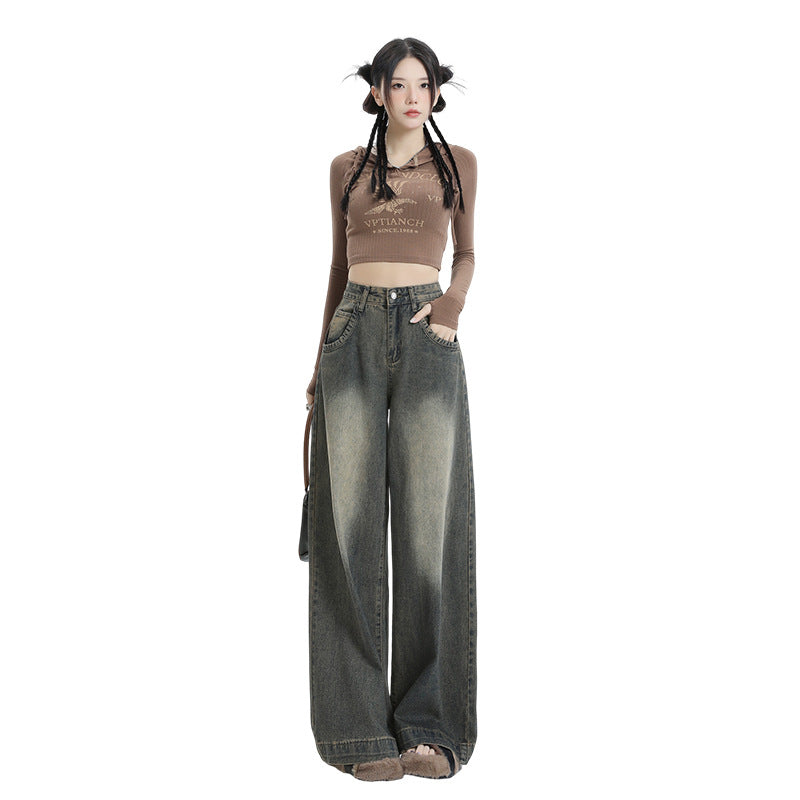 Wide-Leg Jeans Women's New Washed High-Waisted Loose Distressed Straight Leg Floor-Length Pants