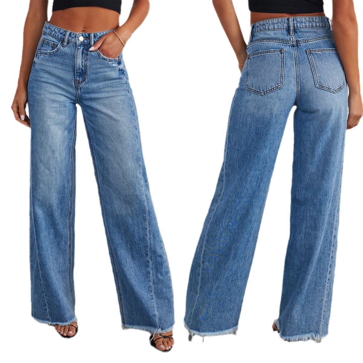 Loose Wide Leg Denim Jeans with Side Seam Splicing and Brushed Hem for Women-Casual Fashion - The Artisan's Wardrobe