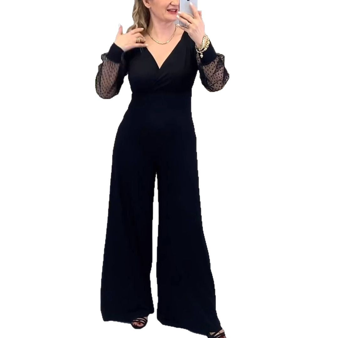 Mesh Sleeve V-Neck Jumpsuit with Cinched Waist for a Slimming Fit