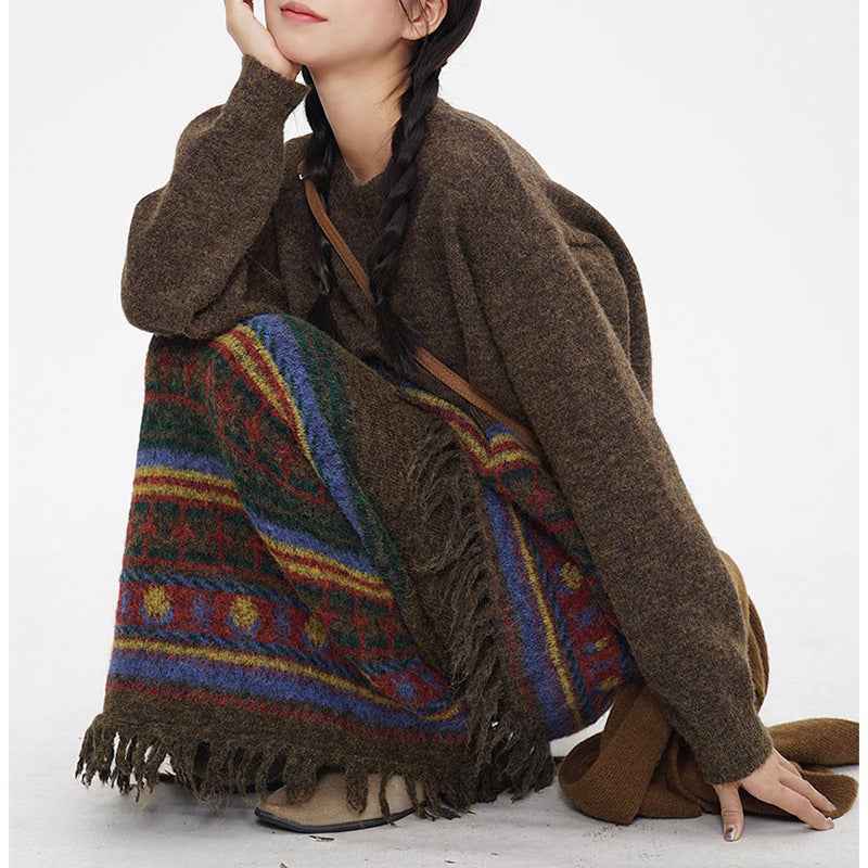 Ethnic Retro Knit Sweater Set with Tassel Pullover and Striped Skirt for Women - Autumn and Winter Fashion-Casual Fashion - The Artisan's Wardrobe