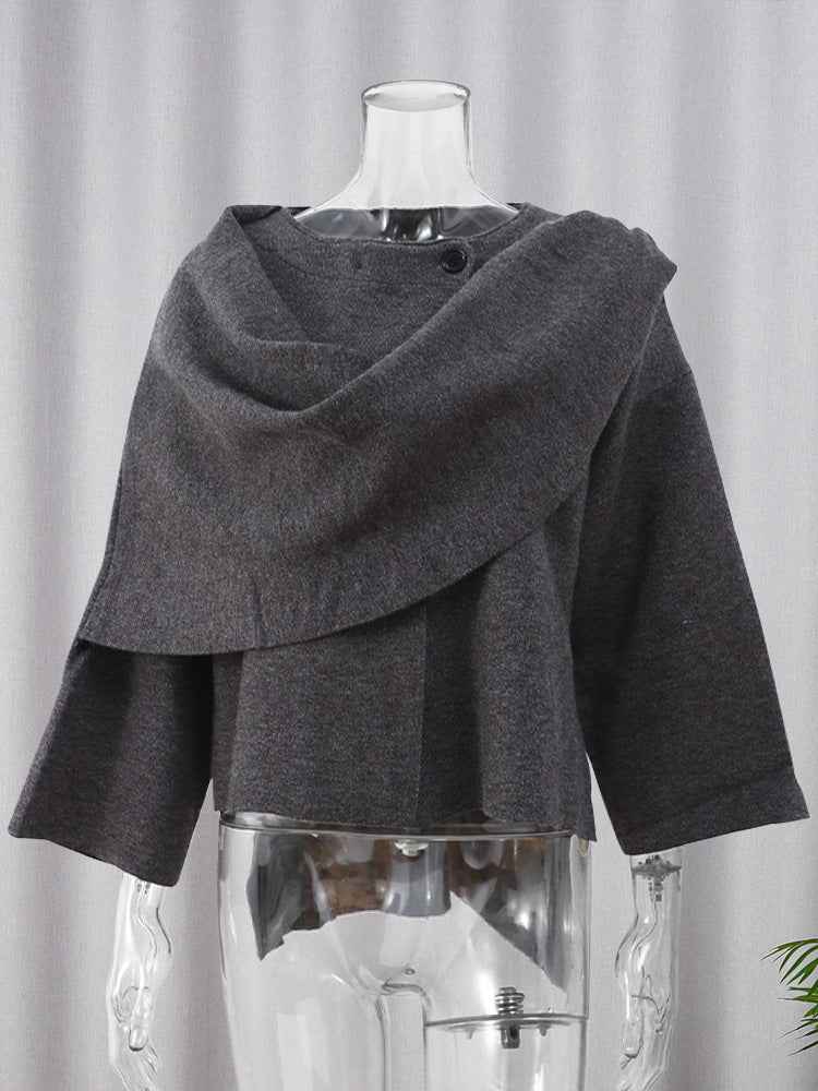 Asymmetric Shawl Cardigan Knitted Sweater Gray Long Sleeved Scarf-Casual Fashion - The Artisan's Wardrobe