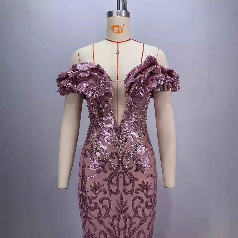 European and American Style Pink Mesh Evening Dress - Sexy and Charming-Casual Fashion - The Artisan's Wardrobe