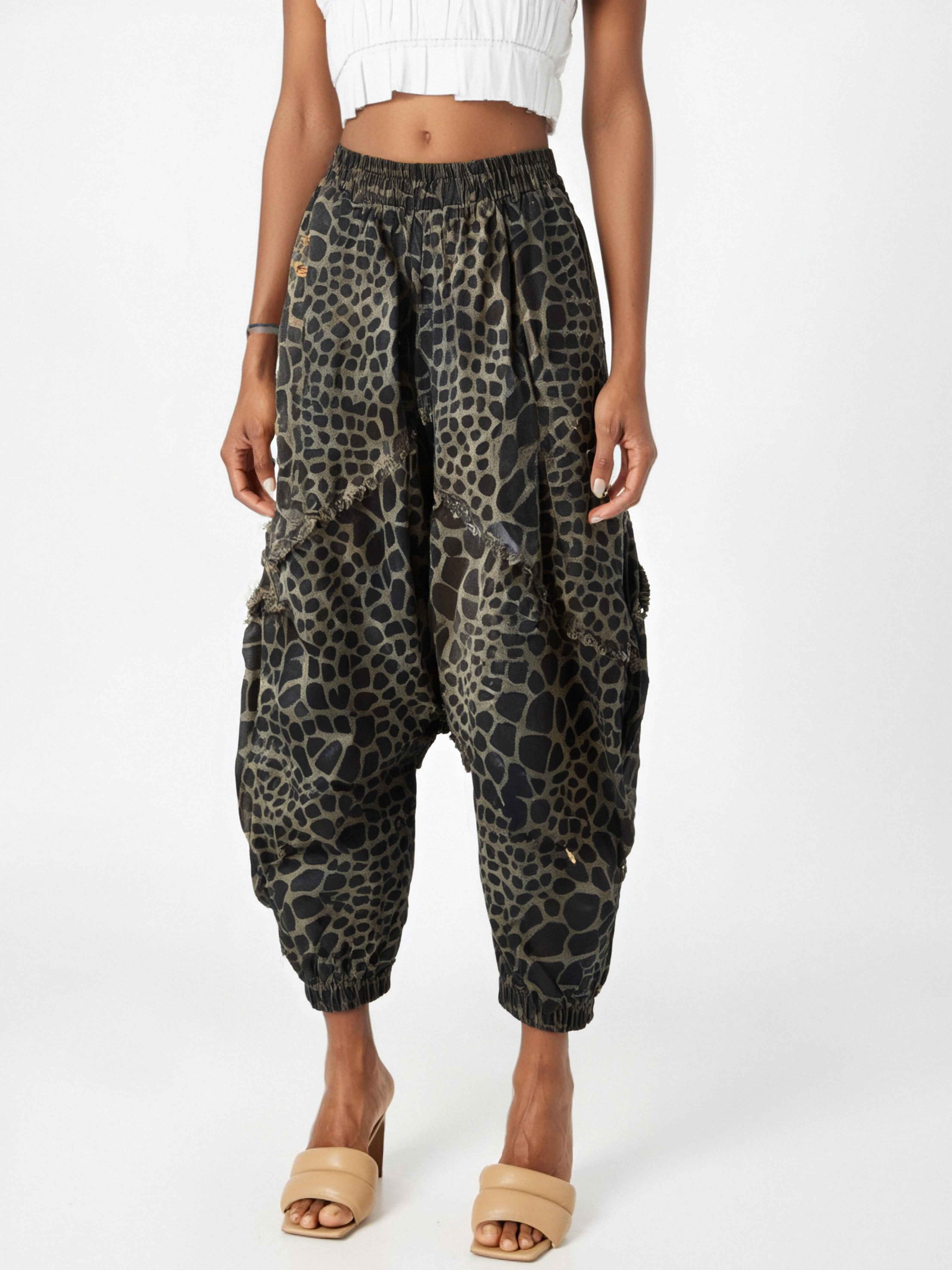 Leopard print jeans for women elastic waistband loose carrot harem and baggy pants-Casual Fashion - The Artisan's Wardrobe