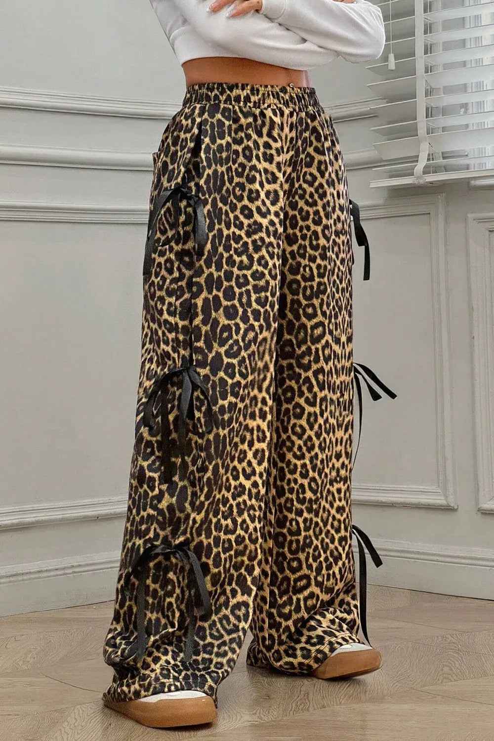 Leopard Bow Tie Pants with Elastic Waist for Effortless Style-Casual Fashion - The Artisan's Wardrobe