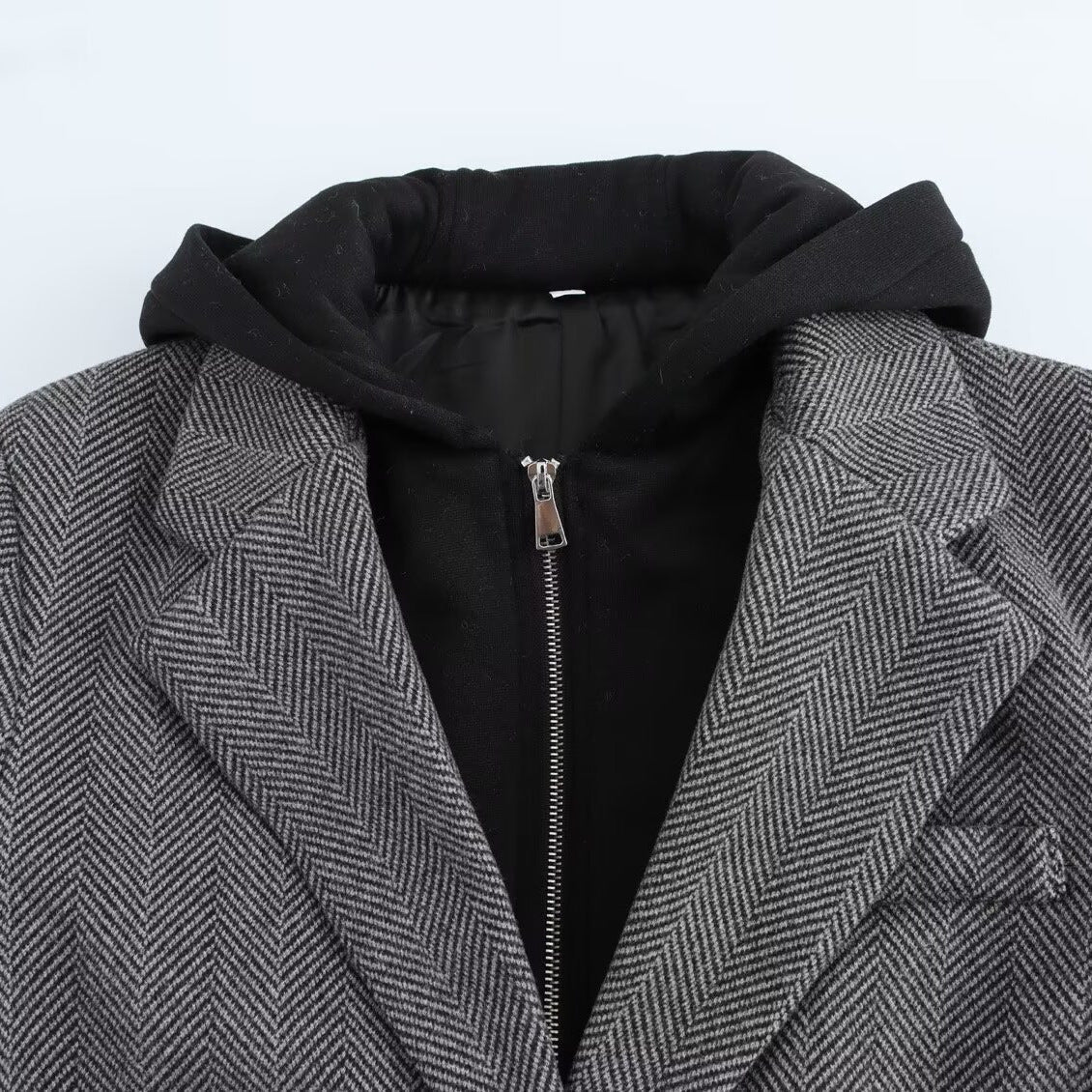 Hooded Patchwork Suit Jacket for Women - European and American Style Long Sleeve Herringbone Design-Casual Fashion - The Artisan's Wardrobe