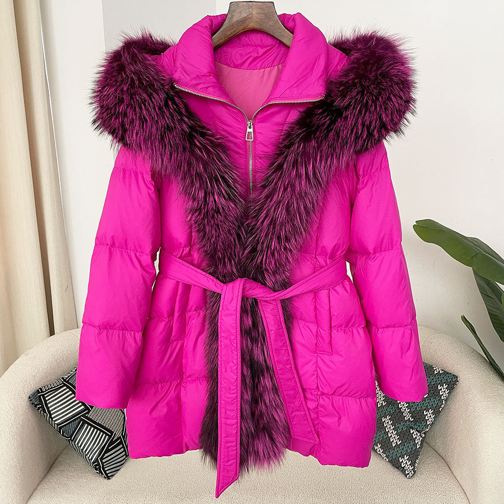 Hooded Down Jacket with Fox Fur Collar for Women-Casual Fashion - The Artisan's Wardrobe