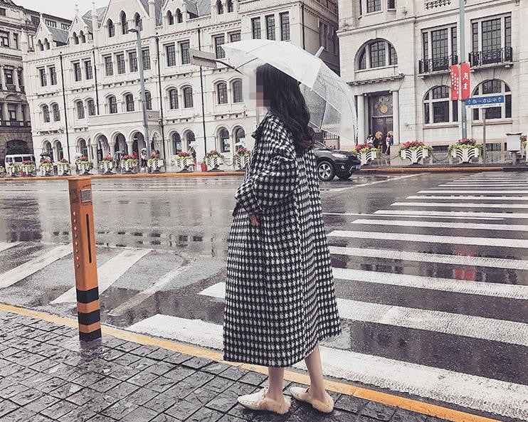 woolen coat for women in checkered design, medium to long length, slim fit windbreaker-Casual Fashion - The Artisan's Wardrobe