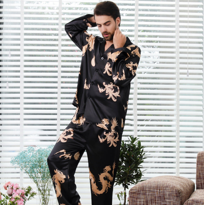Silk Couple Sleepwear Long Sleeved Set with Dragon and Phoenix Print for Men and Women-Casual Fashion - The Artisan's Wardrobe