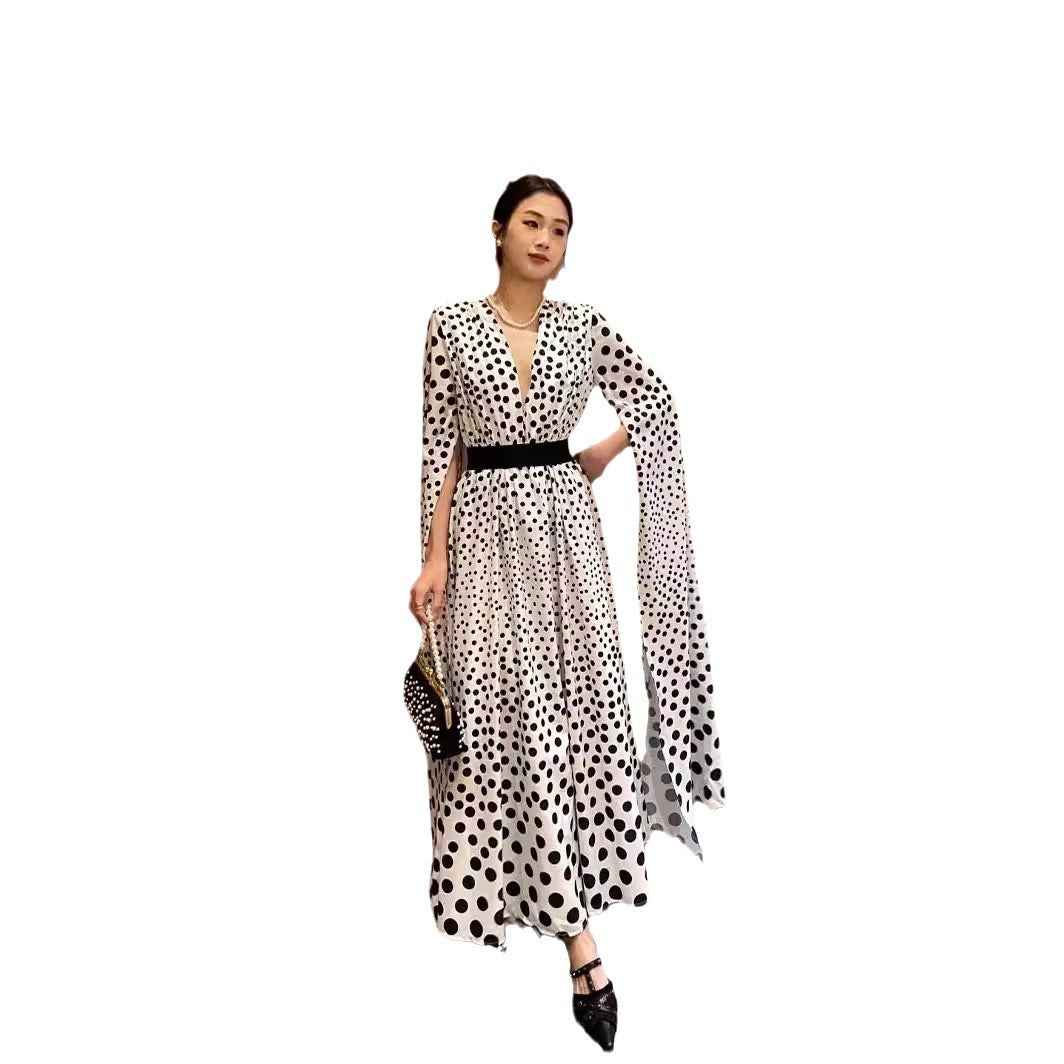 V-neck Polka Dot Dress with Slit - Long Sleeve Long Skirt Women's Dress-Casual Fashion - The Artisan's Wardrobe