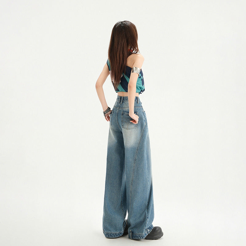 High Street Patchwork Wide Leg Pants Spring  Loose Washed Straight Leg Jeans for Women