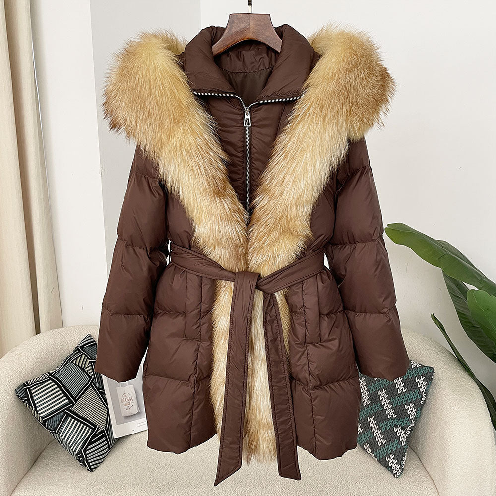 Hooded Down Jacket with Fox Fur Collar for Women-Casual Fashion - The Artisan's Wardrobe