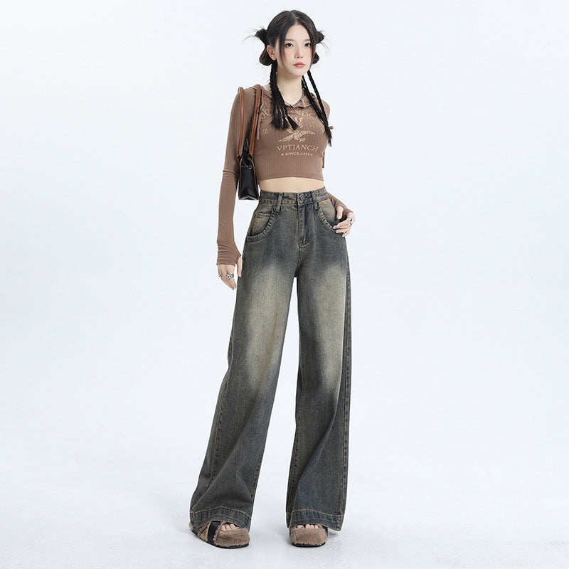 Wide-Leg Jeans Women's New Washed High-Waisted Loose Distressed Straight Leg Floor-Length Pants