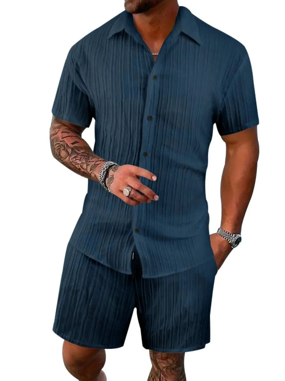 Men's Plus Size Short Sleeve Shirt and Shorts Set in Full Size-Casual Fashion - The Artisan's Wardrobe