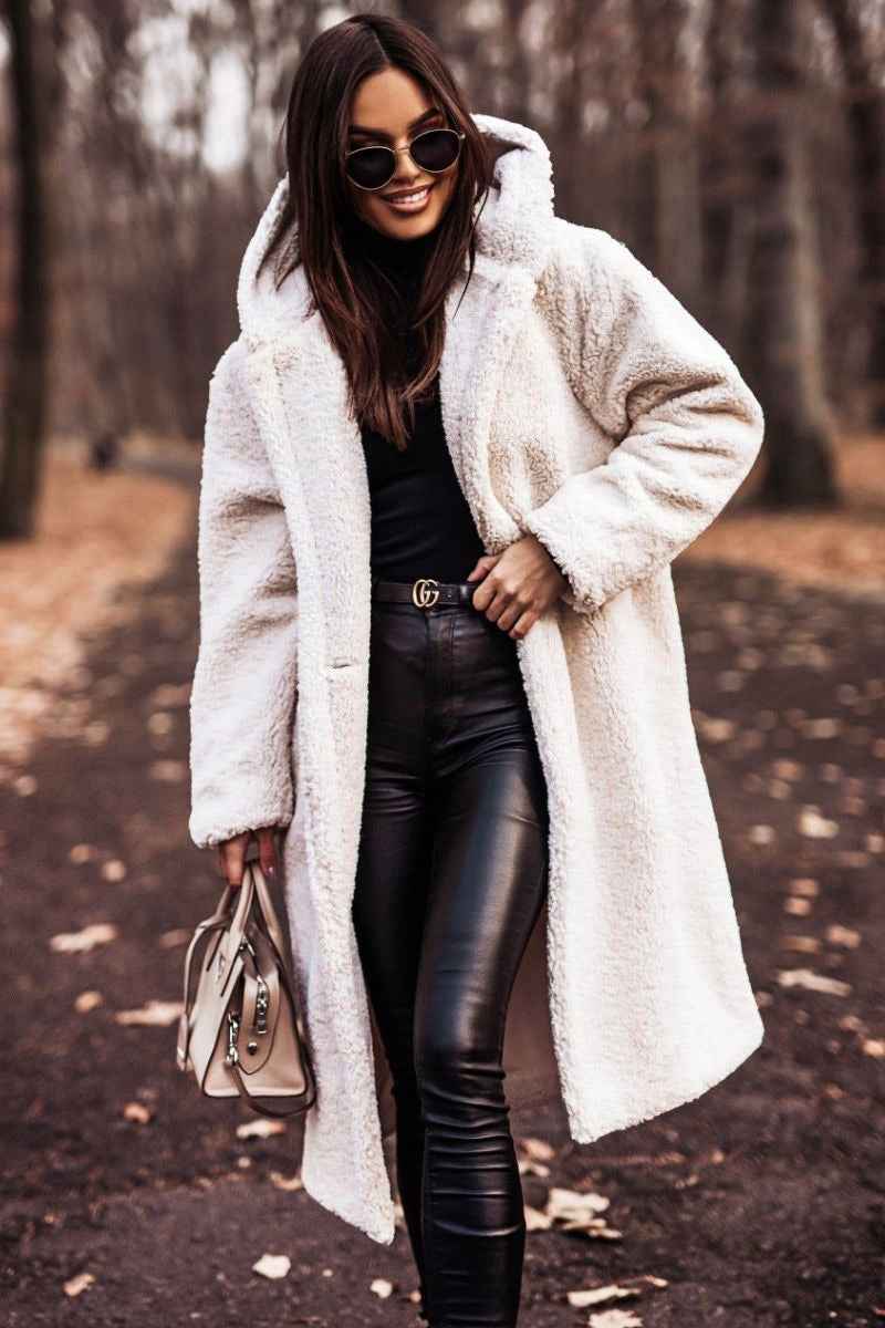 Long Sleeved Woolen Coat for Women - Stylish Long Net Color Design-Casual Fashion - The Artisan's Wardrobe