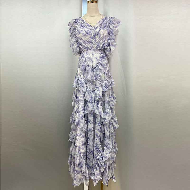 Vacation Style Light Colored V-Neck Lace Dress with Irregular Flying Sleeves and Pleated Design-Casual Fashion - The Artisan's Wardrobe