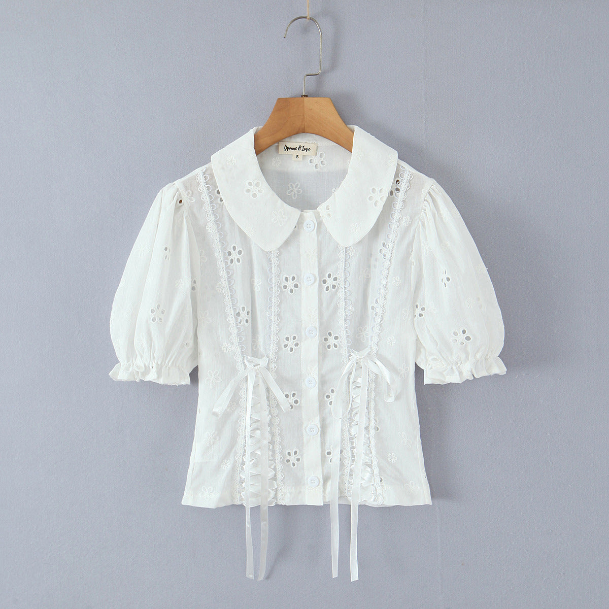 Doll Collar Embroidered Bubble Sleeve Top with Hollowed Out Design-Casual Fashion - The Artisan's Wardrobe