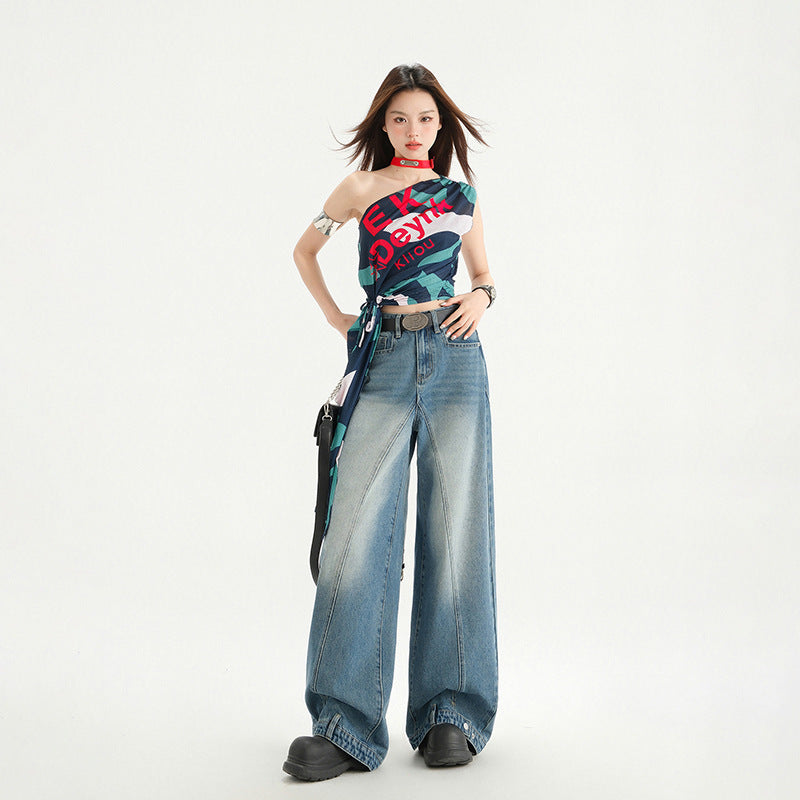 High Street Patchwork Wide Leg Pants Spring  Loose Washed Straight Leg Jeans for Women