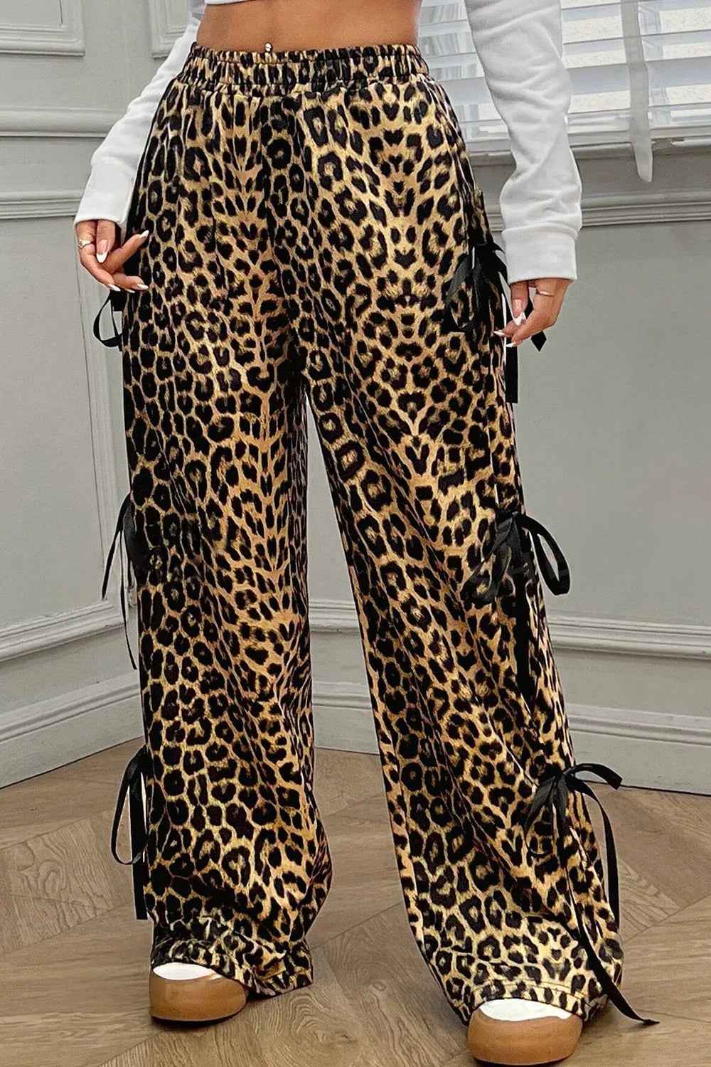 Leopard Bow Tie Pants with Elastic Waist for Effortless Style-Casual Fashion - The Artisan's Wardrobe