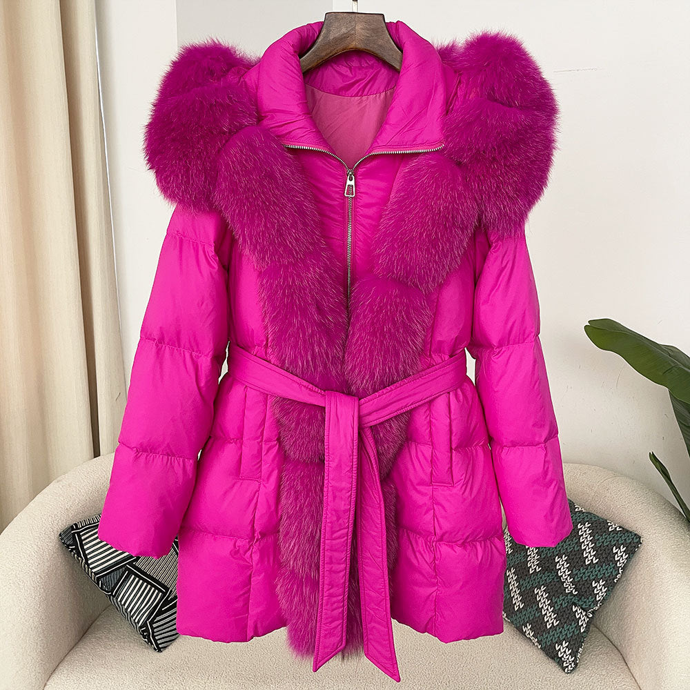 Hooded Down Jacket with Fox Fur Collar for Women-Casual Fashion - The Artisan's Wardrobe