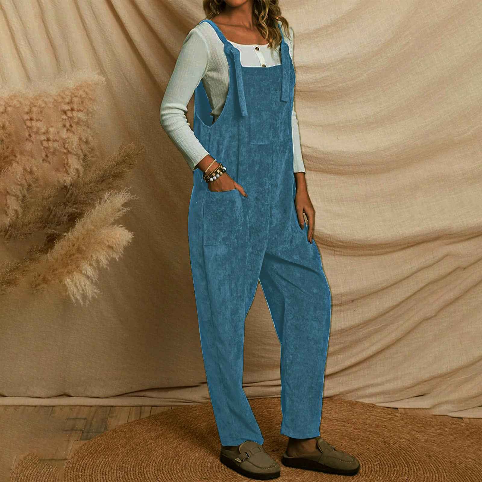Corduroy Shoulder Strap Jumpsuit with Multi Pockets-Casual Fashion - The Artisan's Wardrobe