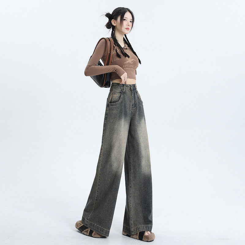 Wide-Leg Jeans Women's New Washed High-Waisted Loose Distressed Straight Leg Floor-Length Pants