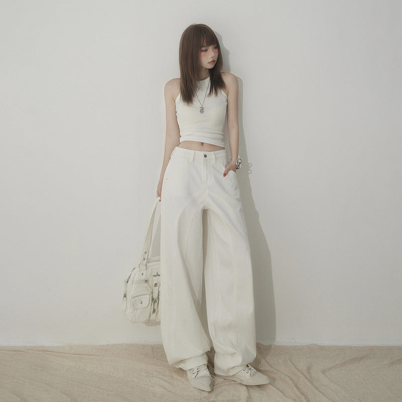 White High-Waisted Knife-Edge Jeans Women Casual Slim-Fit Wide-Leg Pants