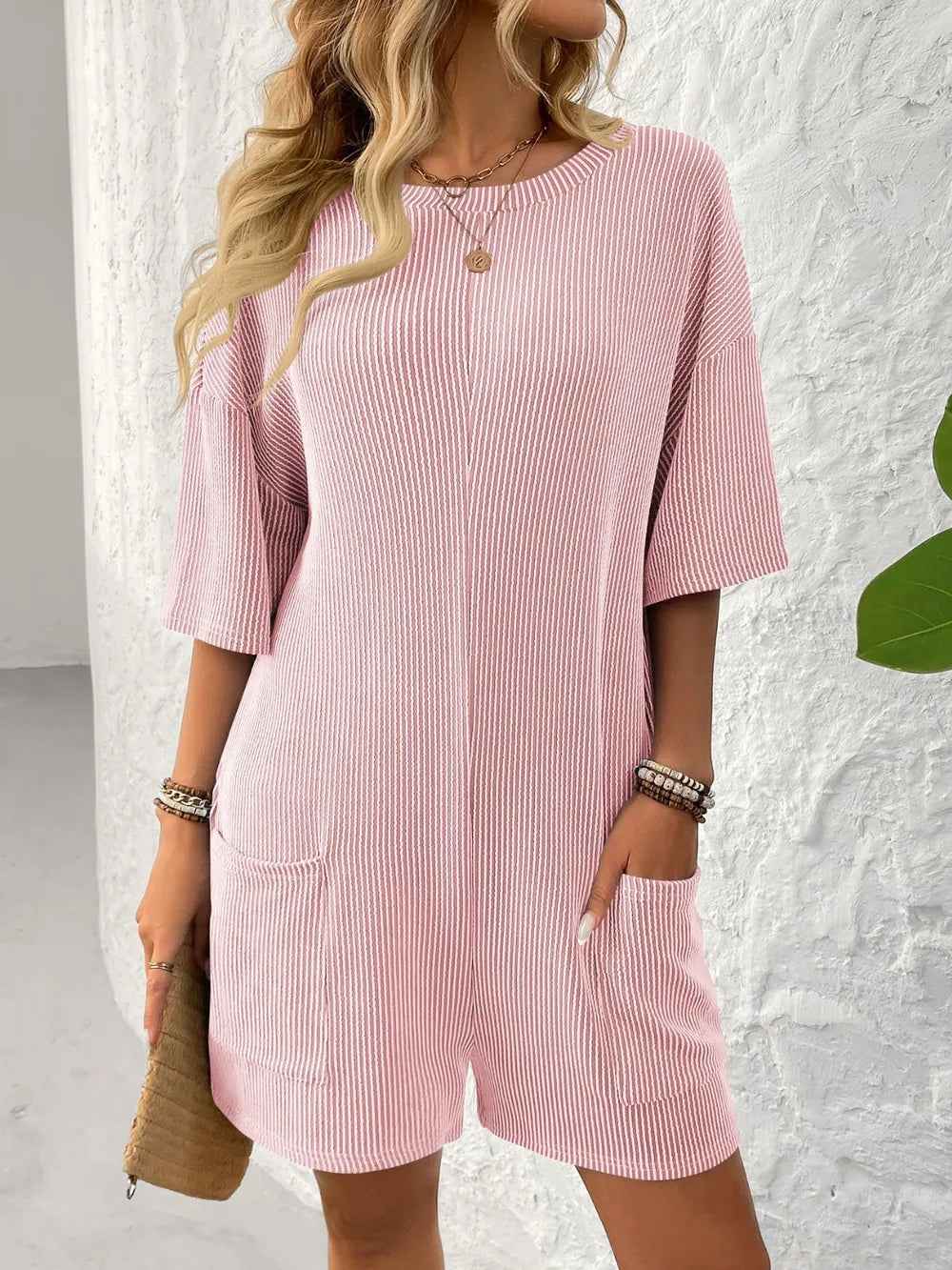 Backless Textured Romper with Round Neck and Half Sleeves for a Trendy Style-Casual Fashion - The Artisan's Wardrobe