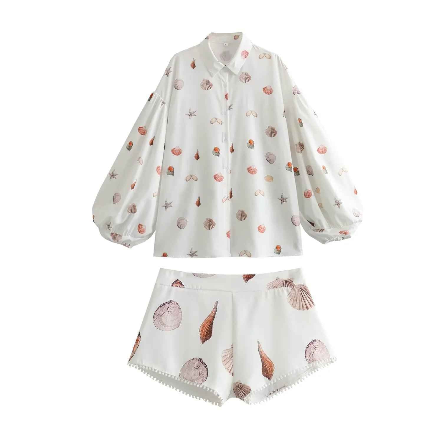Fashion Shell Printed Long Sleeve Women's Casual Printed Shirt Set with Splicing Shorts-Casual Fashion - The Artisan's Wardrobe