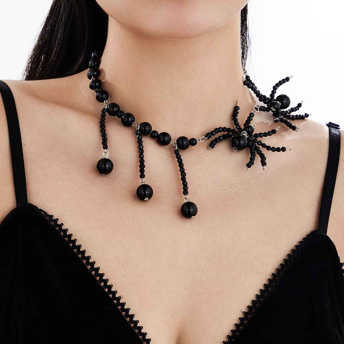 Dark Style Spider Necklace Halloween with Crystal Woven Design and Tassel Large Round Bead Collarbone Chain-Casual Fashion - The Artisan's Wardrobe
