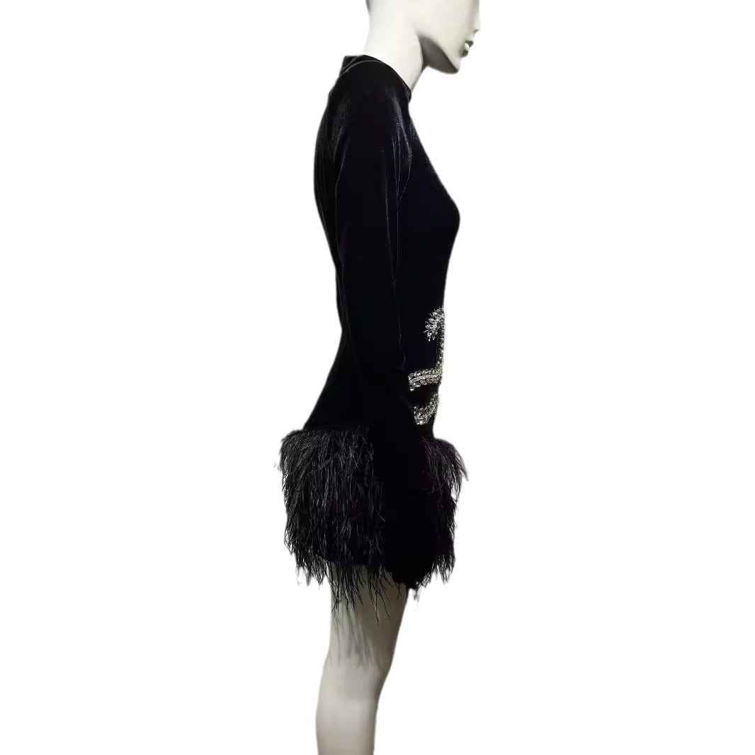 Diamond Feather Skirt Dress with Shoulder Pads - Fashionable Retro Black Short Dress for Banquet and Performance-Casual Fashion - The Artisan's Wardrobe