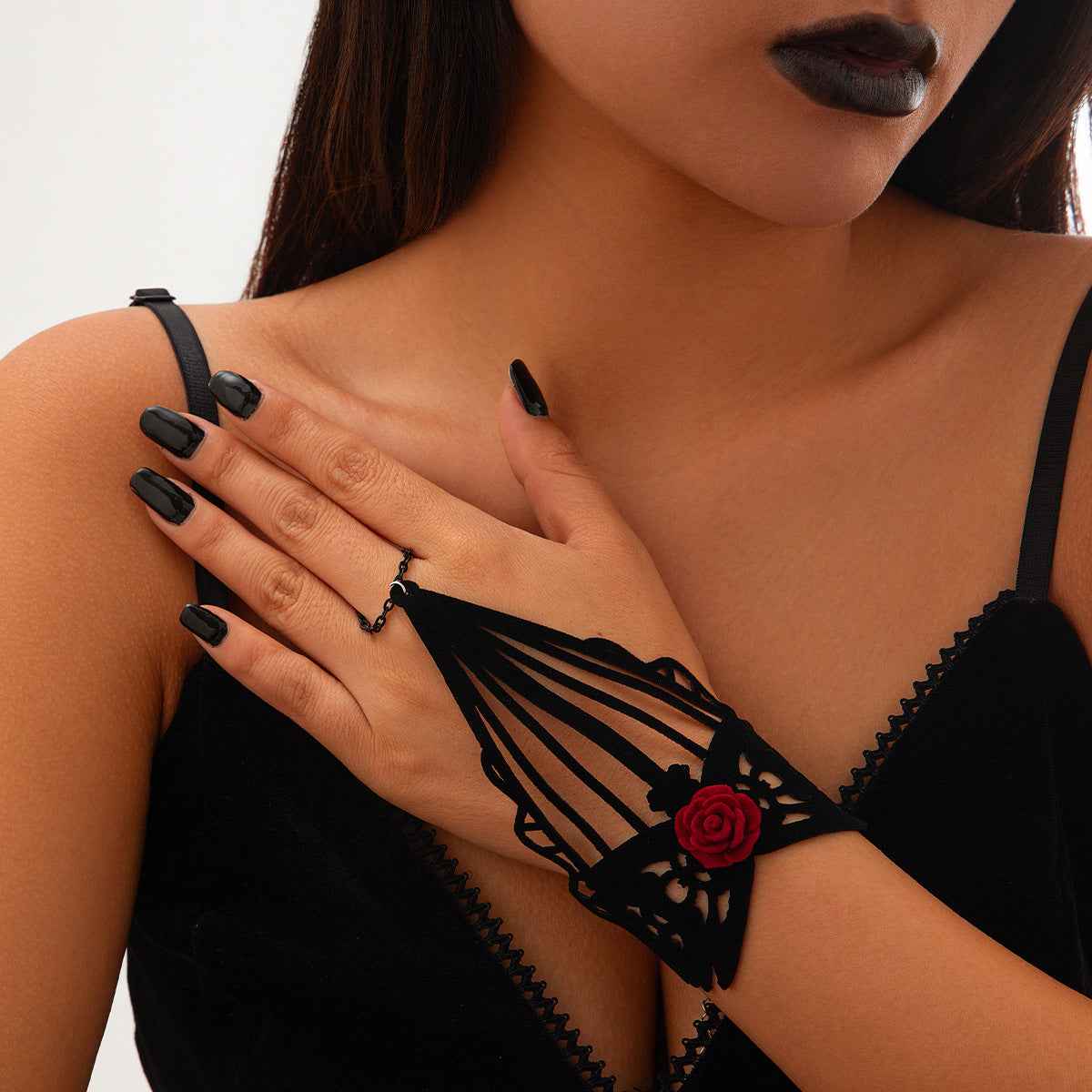 Halloween Punk Bracelet with Finger Mesh Tassel and Alloy Rose Lace Floral Handmade for Women-Casual Fashion - The Artisan's Wardrobe