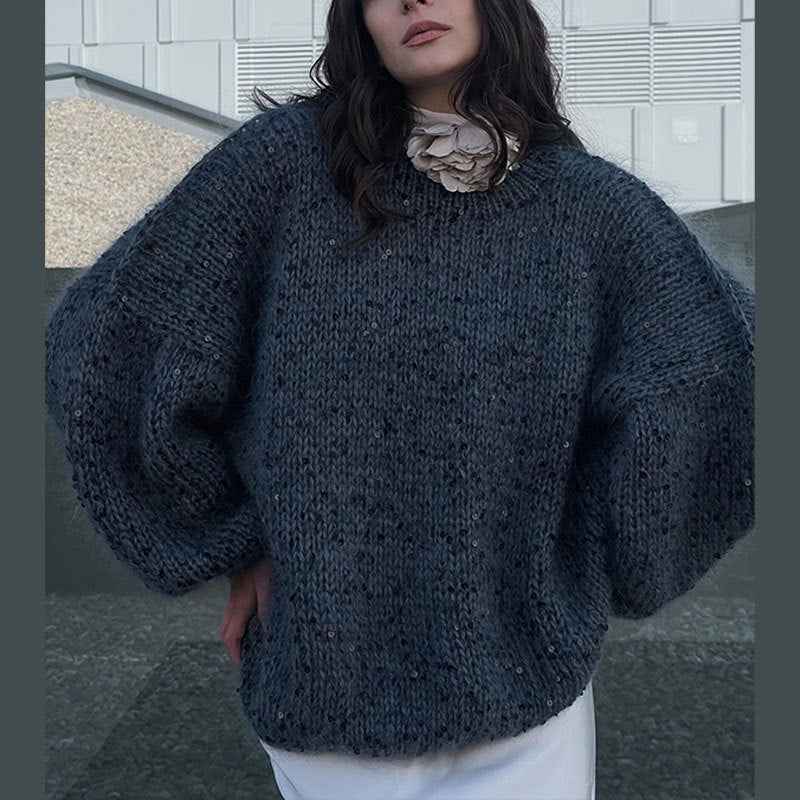 Fashionable sequined sweater, loose round neck lantern sleeve head, knitted sweater-Casual Fashion - The Artisan's Wardrobe