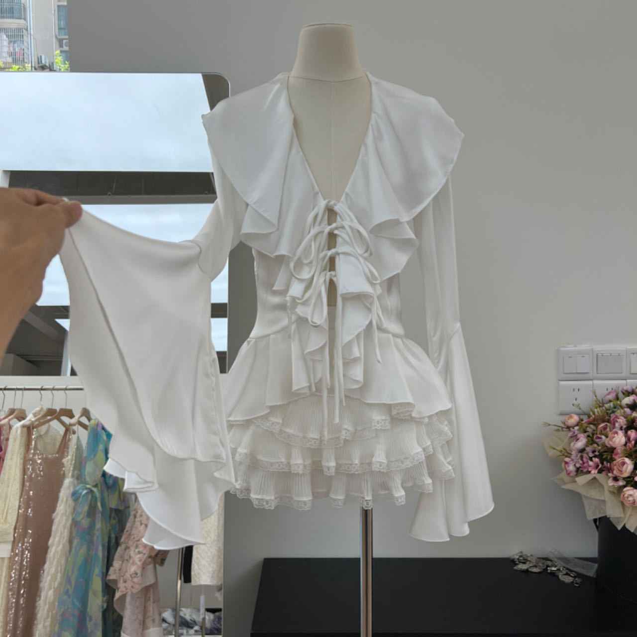 Girl Satin Shirt and Skirt Set - Long Sleeve Lace Horn Top with Folded Cake Half Skirt for Autumn-Casual Fashion - The Artisan's Wardrobe