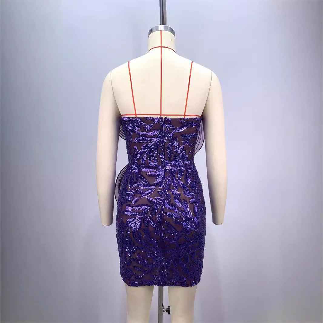 Fashionable Backless Purple Mini Dress with One Shoulder Design and Sequin Mesh Accents-Casual Fashion - The Artisan's Wardrobe