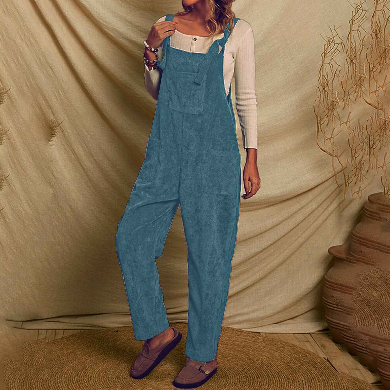 Corduroy Shoulder Strap Jumpsuit with Multi Pockets-Casual Fashion - The Artisan's Wardrobe