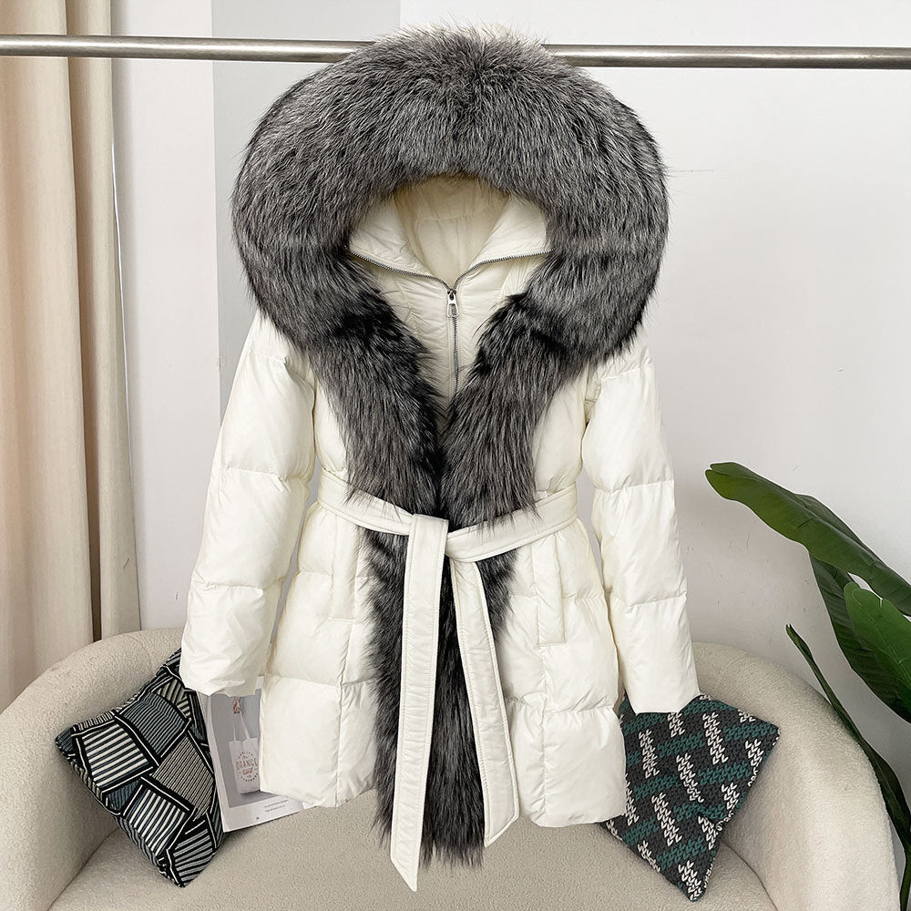 Hooded Down Jacket with Fox Fur Collar for Women-Casual Fashion - The Artisan's Wardrobe