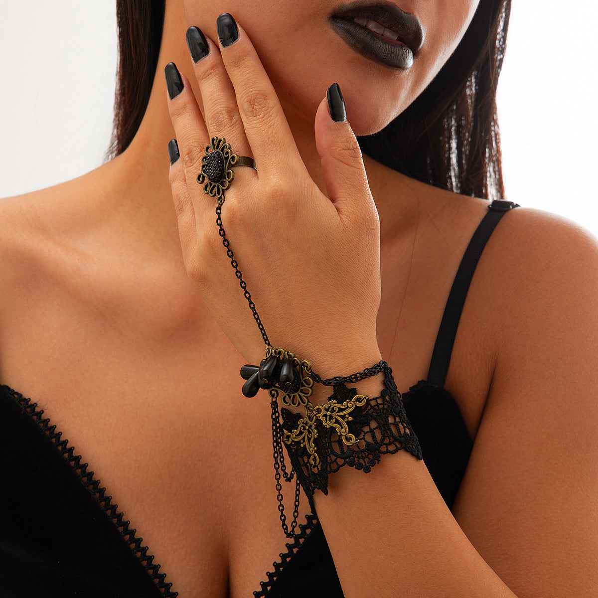 Halloween Punk Bracelet with Finger Mesh Tassel and Alloy Rose Lace Floral Handmade for Women-Casual Fashion - The Artisan's Wardrobe